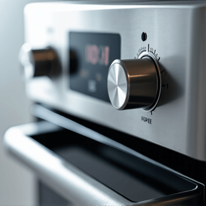 Appliance repair technician calibrating temperature controls on a modern oven during a professional repair service.