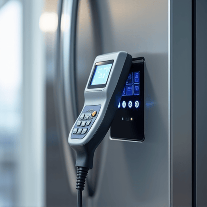 Expert sealed system repair for refrigerators in Elk Grove. Specialized technician diagnosing a complex cooling system failure in a modern refrigerator unit.