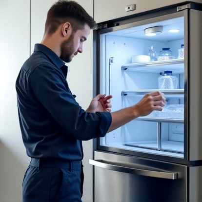 Expert technician performing detailed refrigerator repair diagnostics on a modern stainless steel unit in a clean kitchen setting.